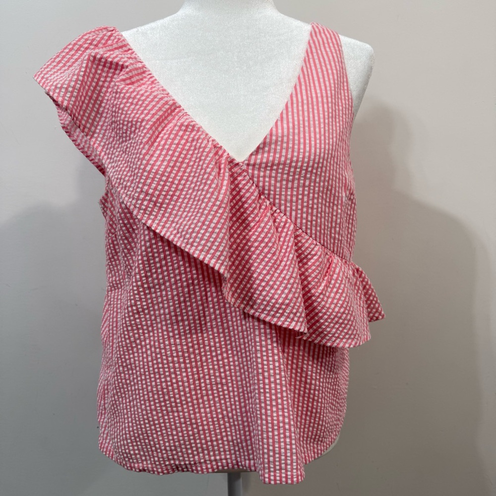 Vineyard Vines Sleeveless Pink White Striped Ruffle Seersucker Women Top Size 8